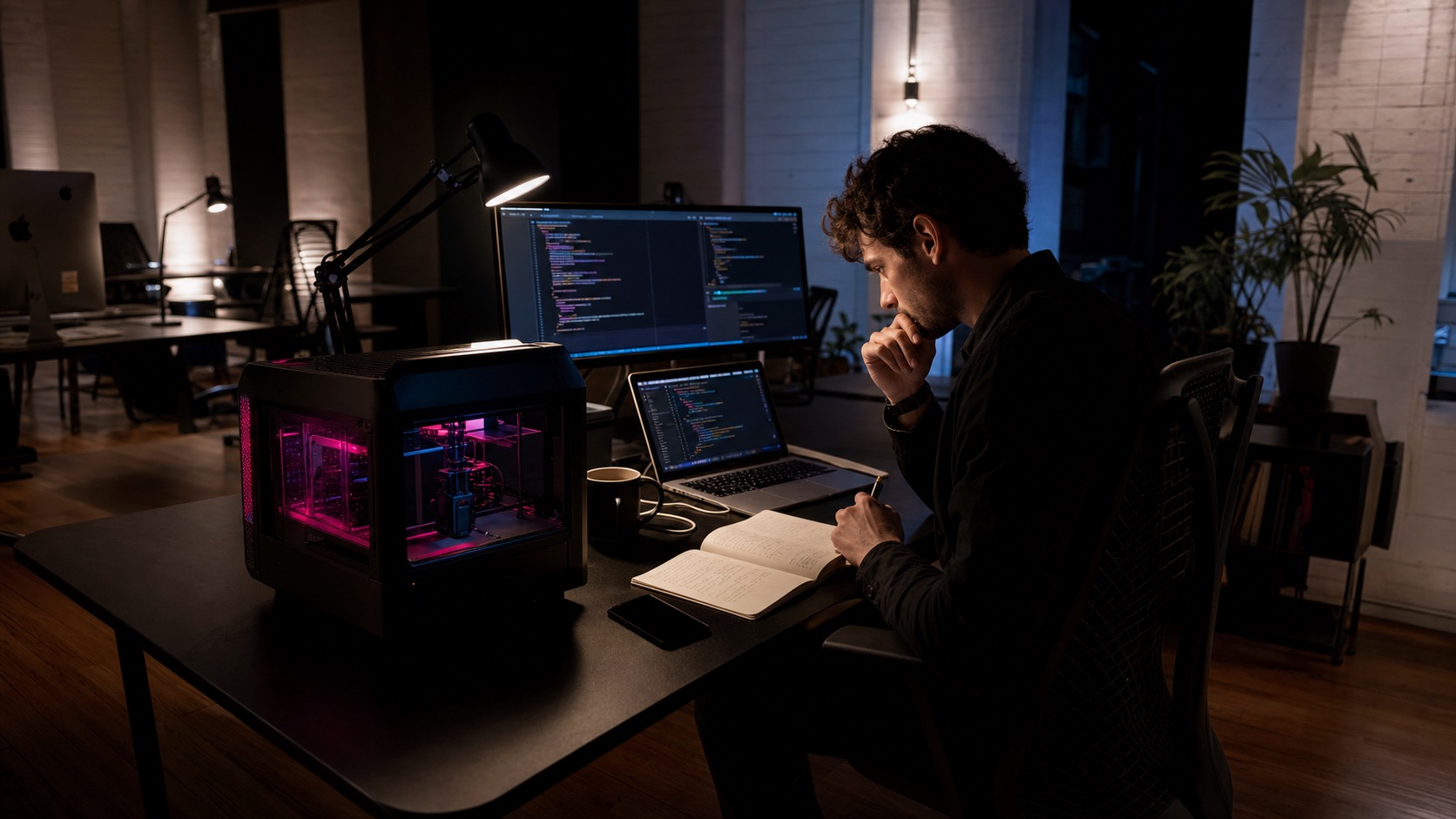 Développeur supervisant une machine IA dans un bureau premium de nuit